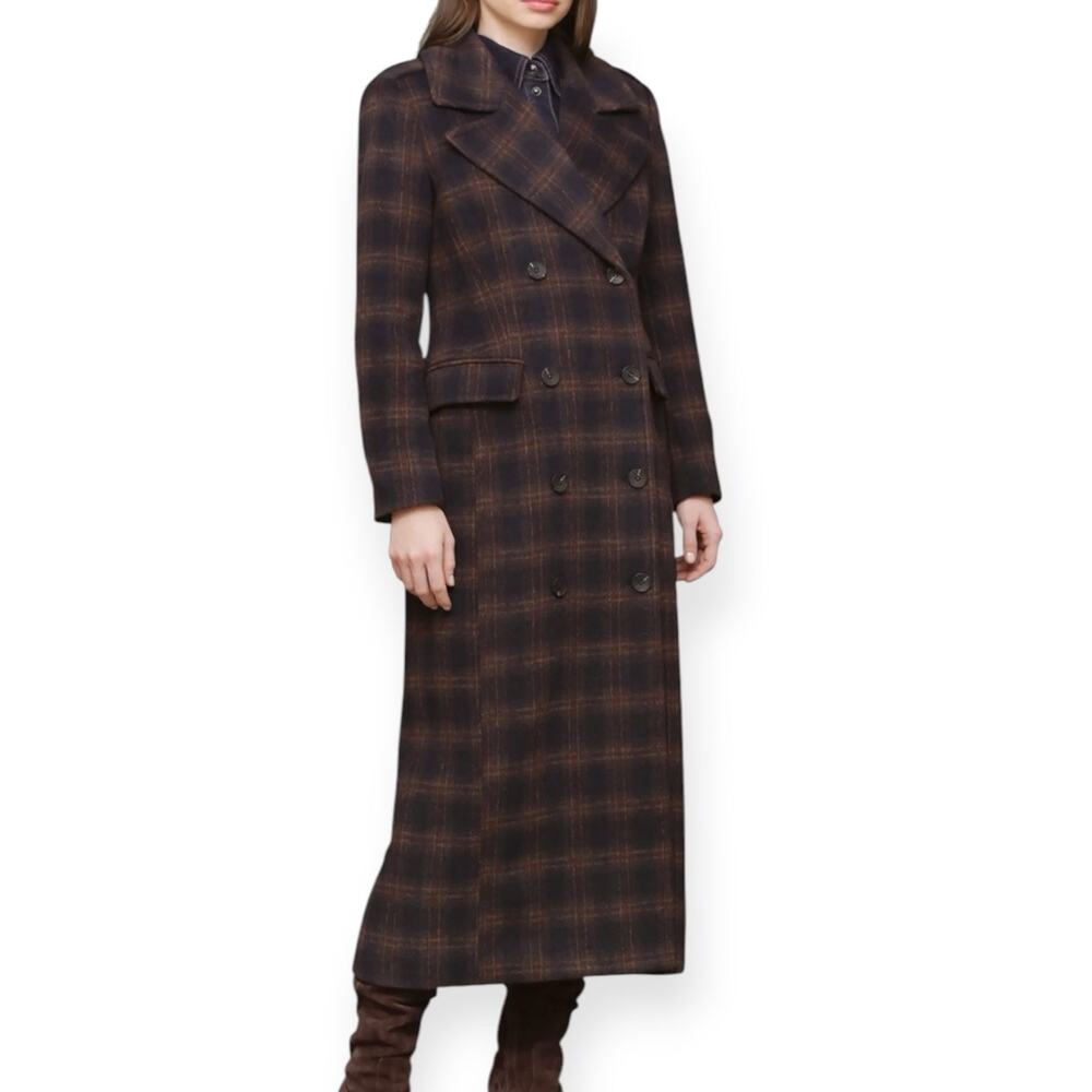 NWT Avec Les Filles Double Breasted Tailored Maxi Peacoat Brown Plaid Size Small